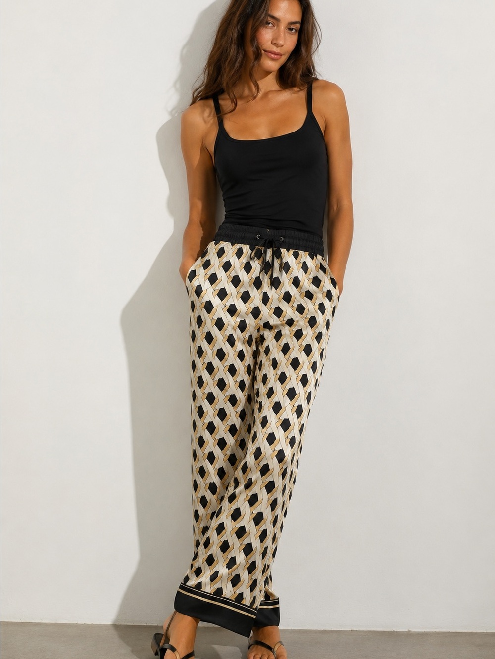 MANGO Geometric Print Wide Leg Pants Black Cream Gold Size Small NWT